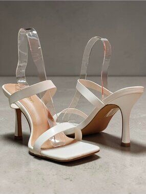 Square Toe White Strappy High Heel Sandals With Double Strap Design For Women